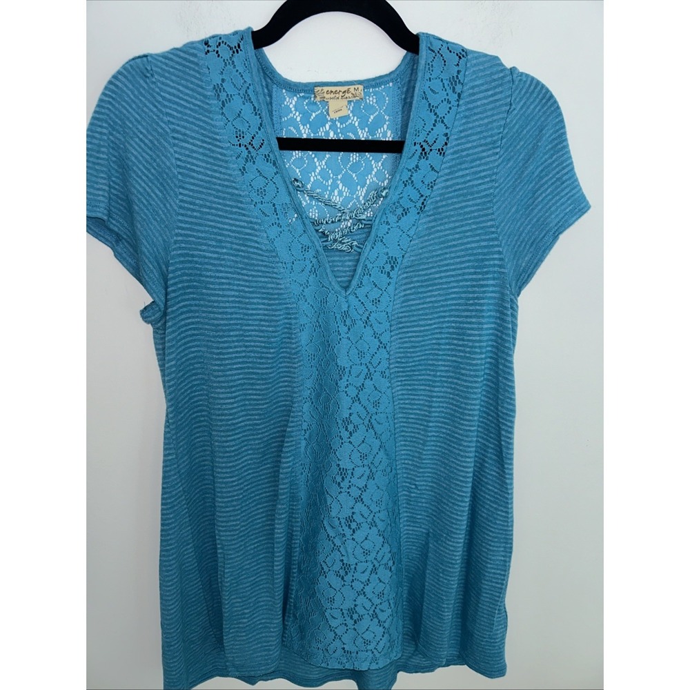 Energe‎ Women's Medium Long Embroidered V-Neck Short Sleeve Teal Casual Comfort